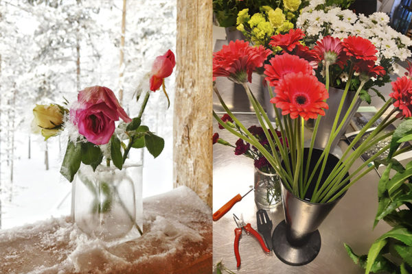 Kuvakollaasi kahdesta kukkakimpusta.