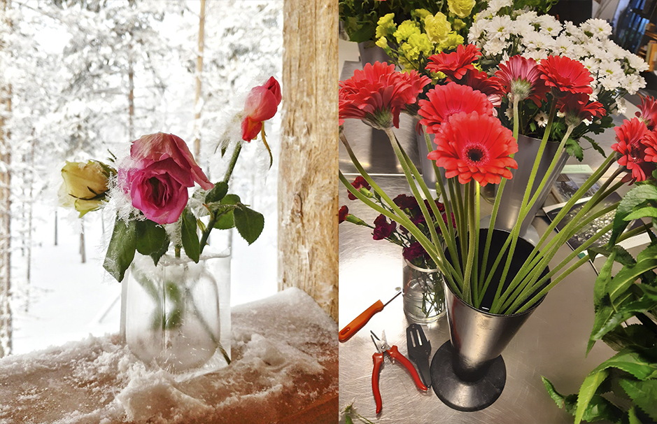 Kuvakollaasi kahdesta kukkakimpusta.