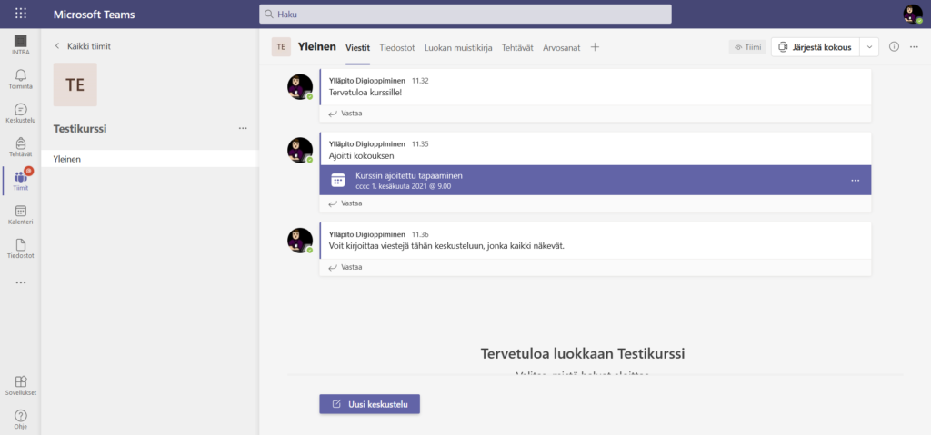 Teams-sovelluksen pääikkuna, jossa tekstiä ja painikkeita.