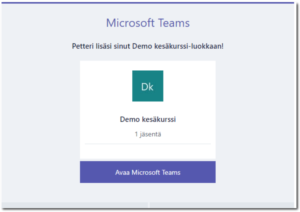 Teamsin ilmoitus, jossa tekstiä ja painike.
